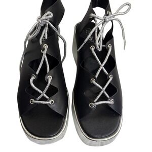 Shoe Fly The Mettalicks Slick Black Silver Chrome Lace Up Platform Sandals 10